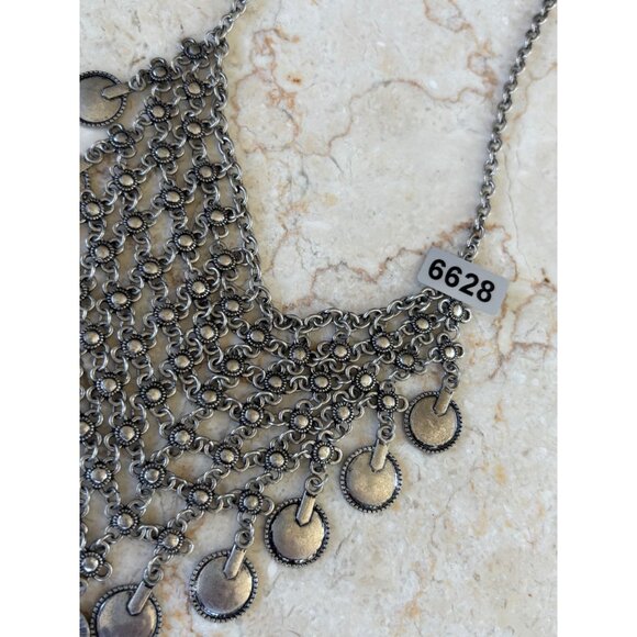 Vintage-Inspired tribal Silver-Tone Bib Necklace With Layered Coin Pendant Desig - Picture 3 of 9
